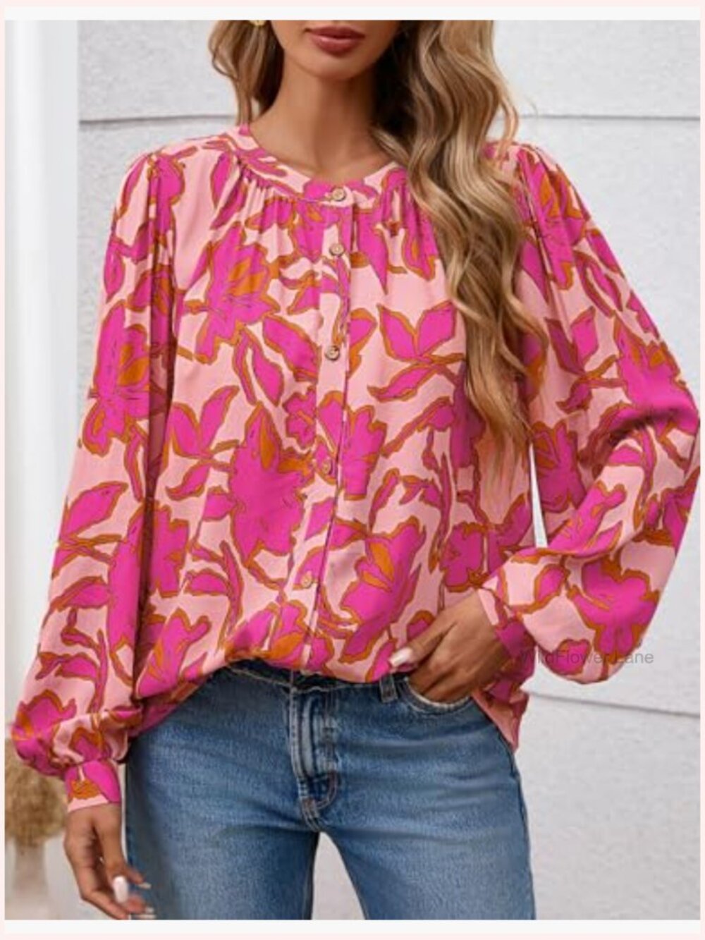 Floral Button Down Blouse Long Sleeve Boho Top Dressy Casual - Picture 2 of 7